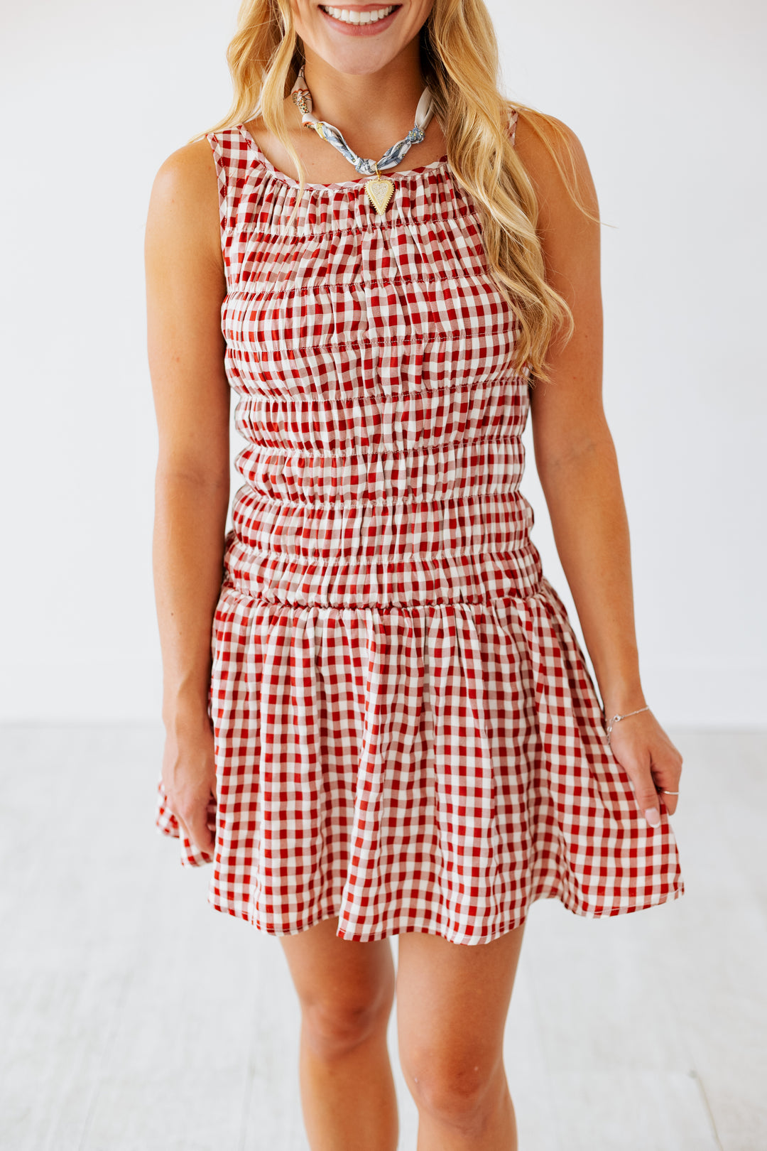RED GINGHAM RUCHED FLARE MINI DRESS