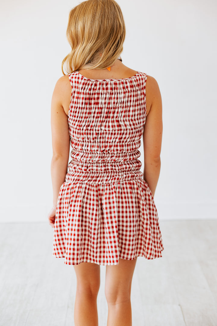 RED GINGHAM RUCHED FLARE MINI DRESS