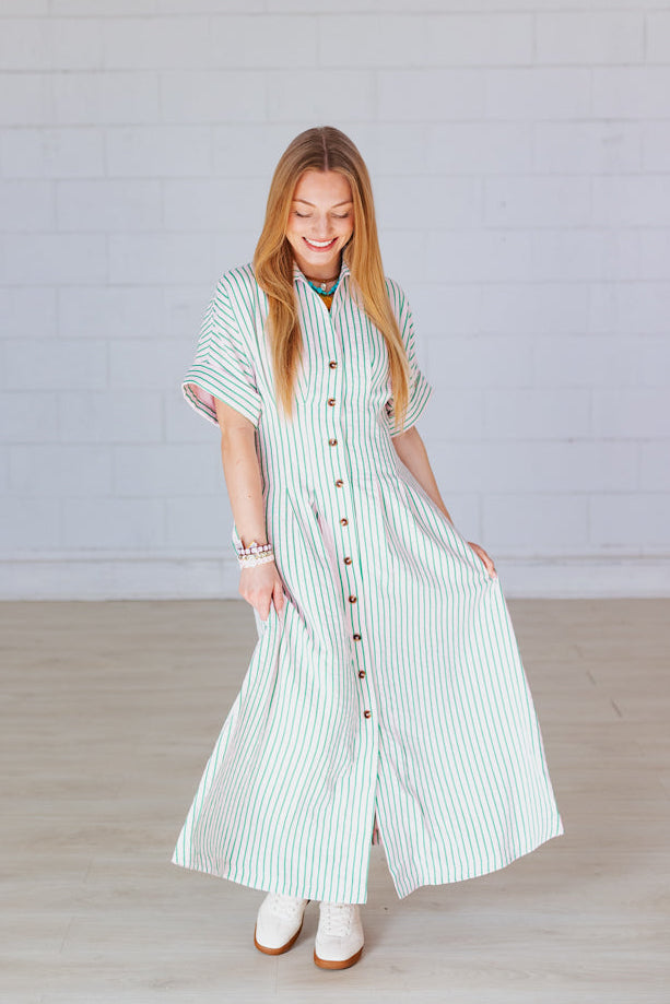 MATCHA STRIPED BUTTON UP MAXI DRESS