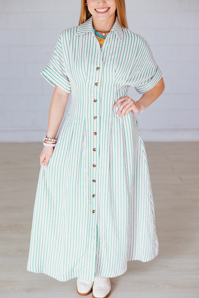 MATCHA STRIPED BUTTON UP MAXI DRESS