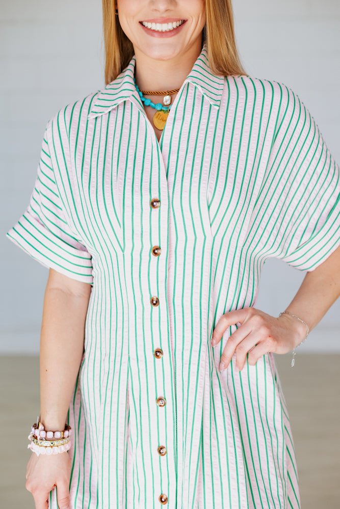 MATCHA STRIPED BUTTON UP MAXI DRESS