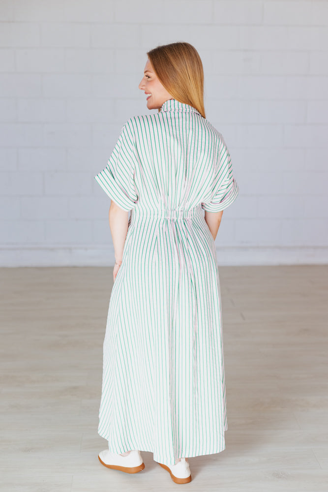 MATCHA STRIPED BUTTON UP MAXI DRESS