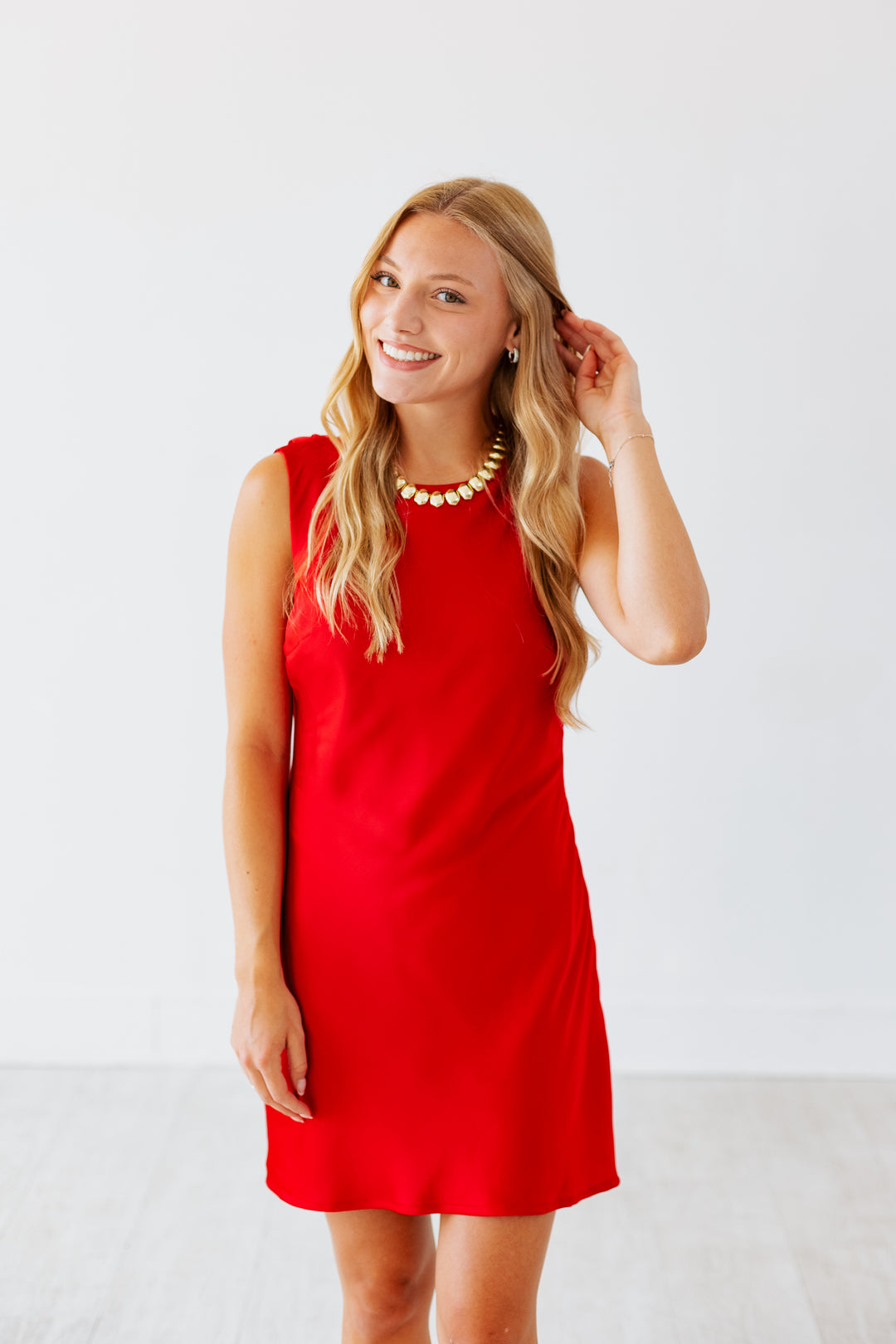 RED DRAPED BACK SILKY MINI DRESS