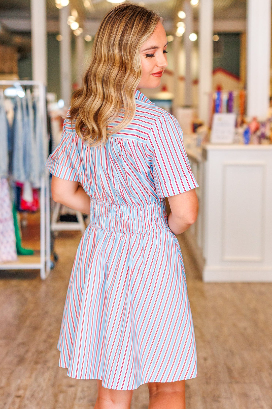 RIBBON STRIPE BUTTON DOWN DRESS - BLUE &amp; RED