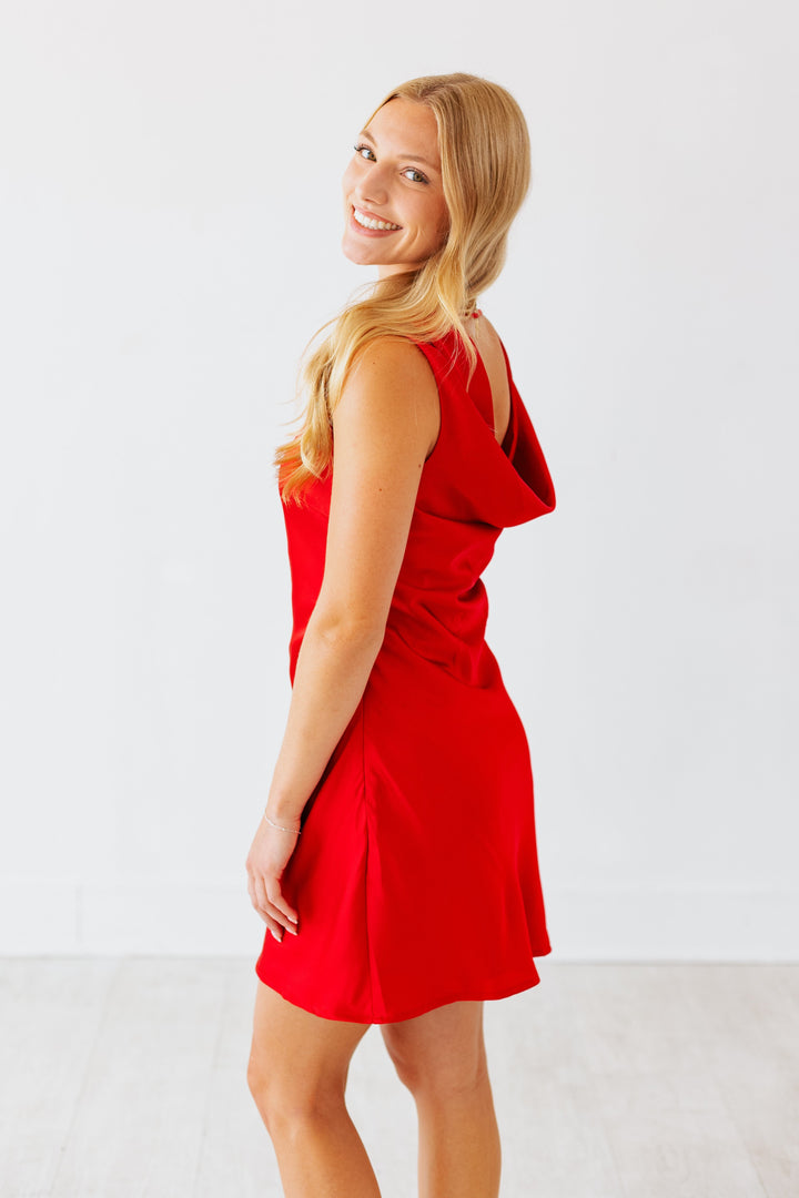 RED DRAPED BACK SILKY MINI DRESS