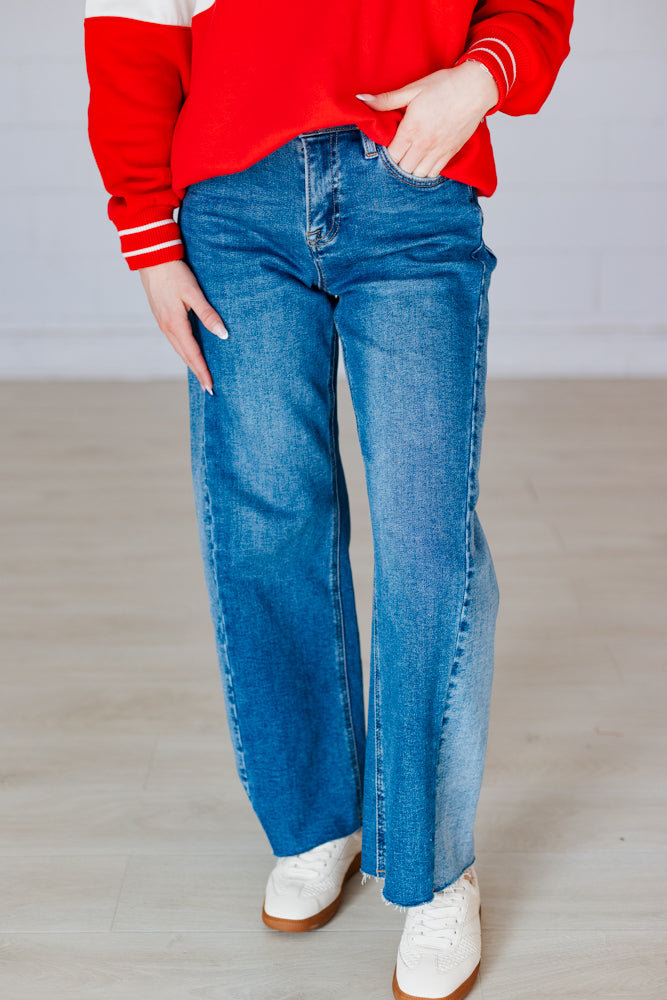 RISEN: MIXED DENIM SLOUCHY BARREL JEAN