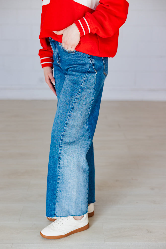 RISEN: MIXED DENIM SLOUCHY BARREL JEAN