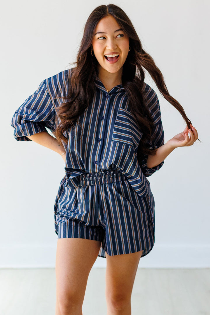 NAVY &amp; BROWN STRIPED BLOUSE