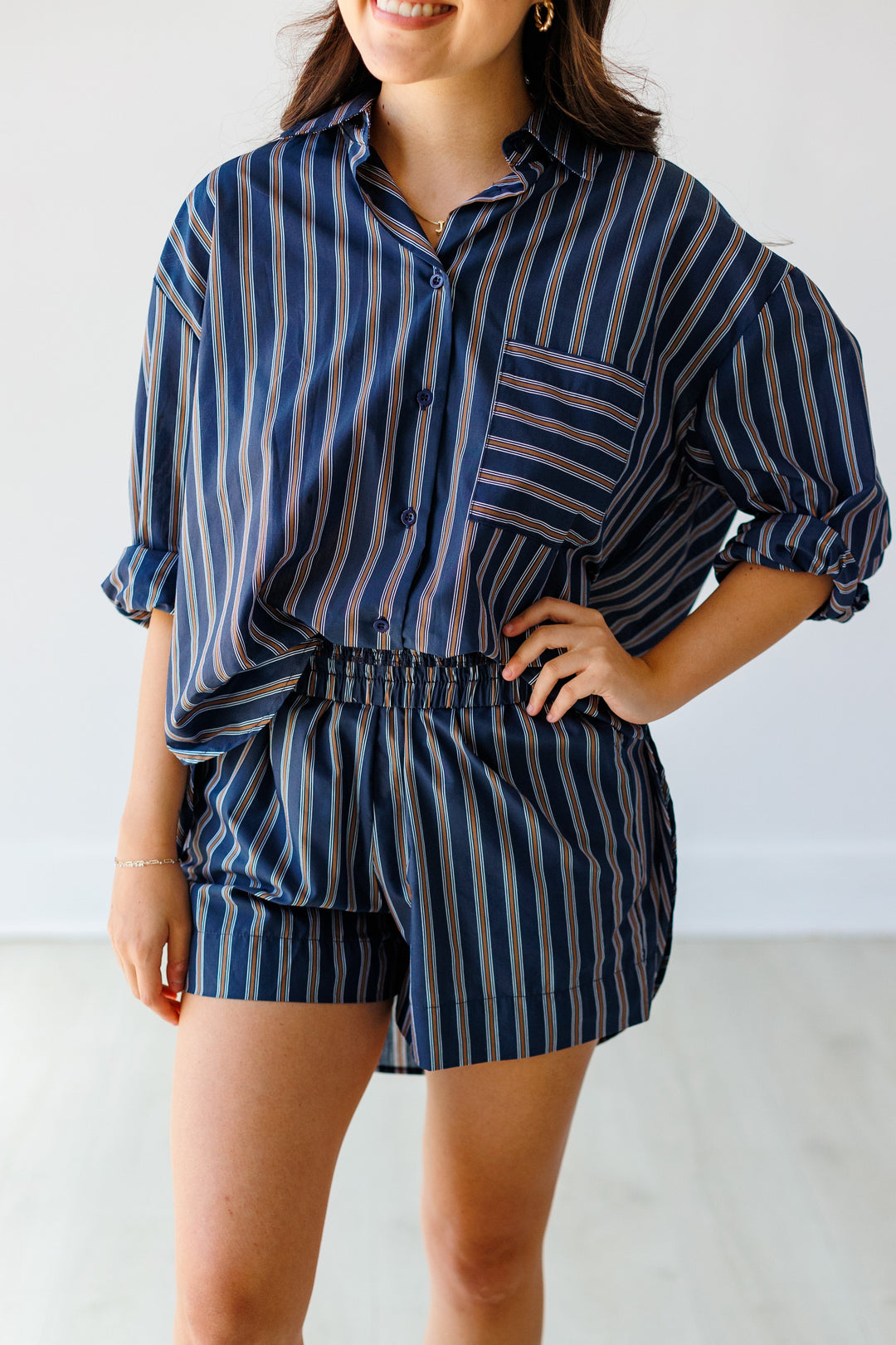 NAVY &amp; BROWN STRIPED BLOUSE