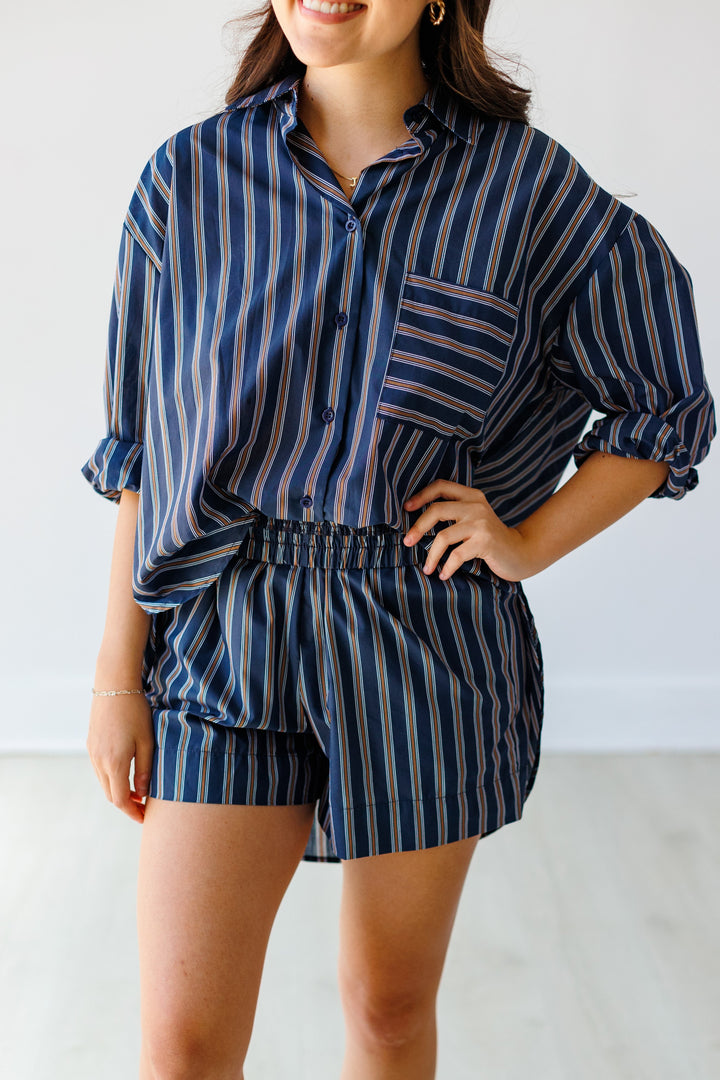 NAVY &amp; BROWN STRIPED BLOUSE