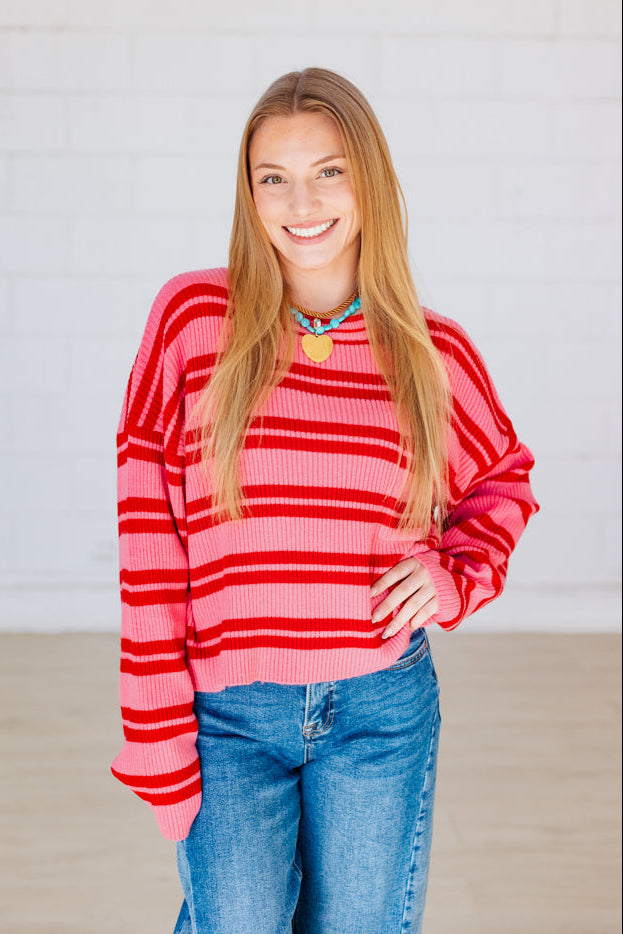 PINK & RED RIBBED STRIPE SWEATER