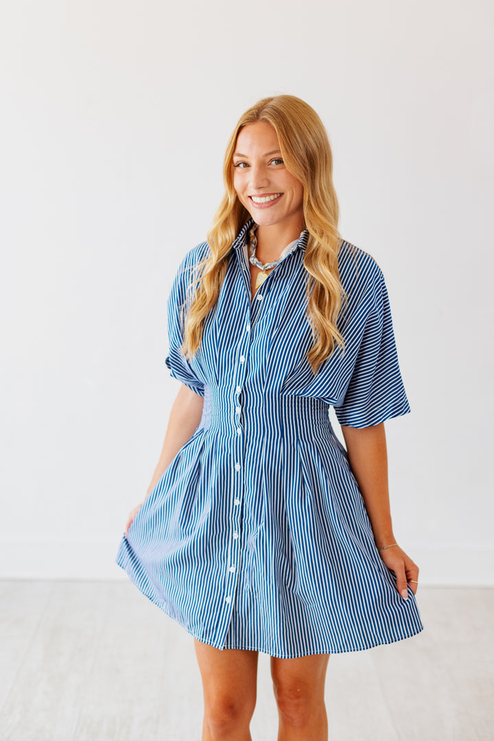 NAVY PLEATED STRIPED MINI DRESS