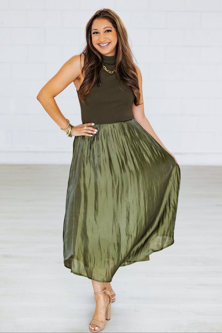OLIVE CONTRAST TAFFETA MIDI DRESS