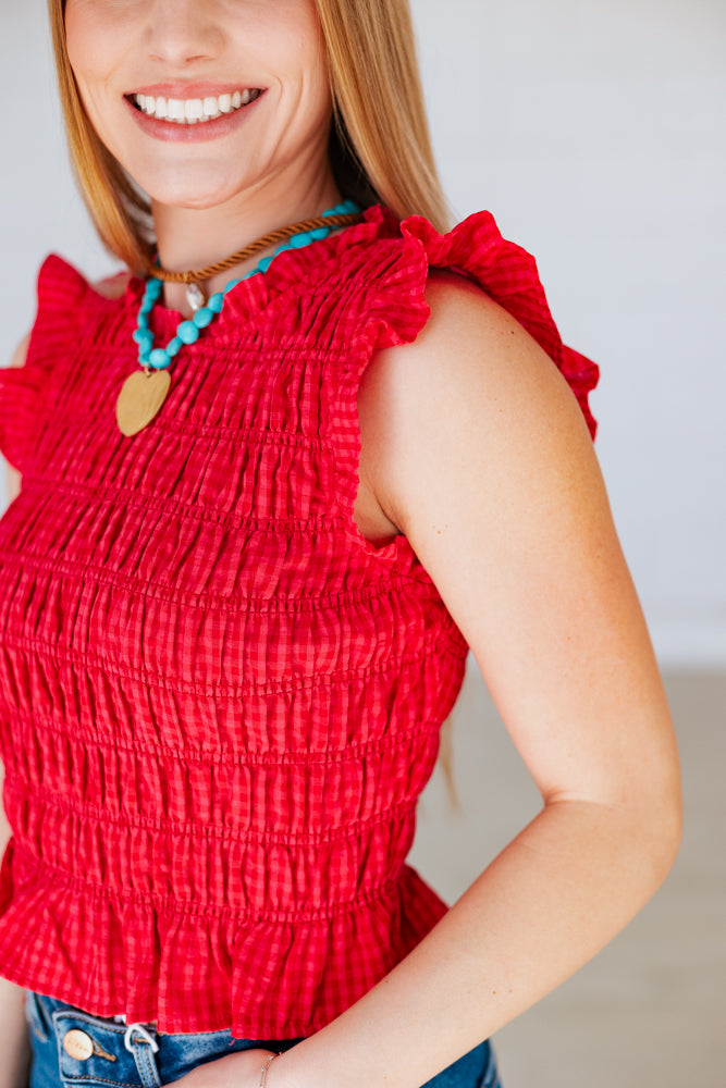 PINK & RED RUFFLE CHECKERED TOP