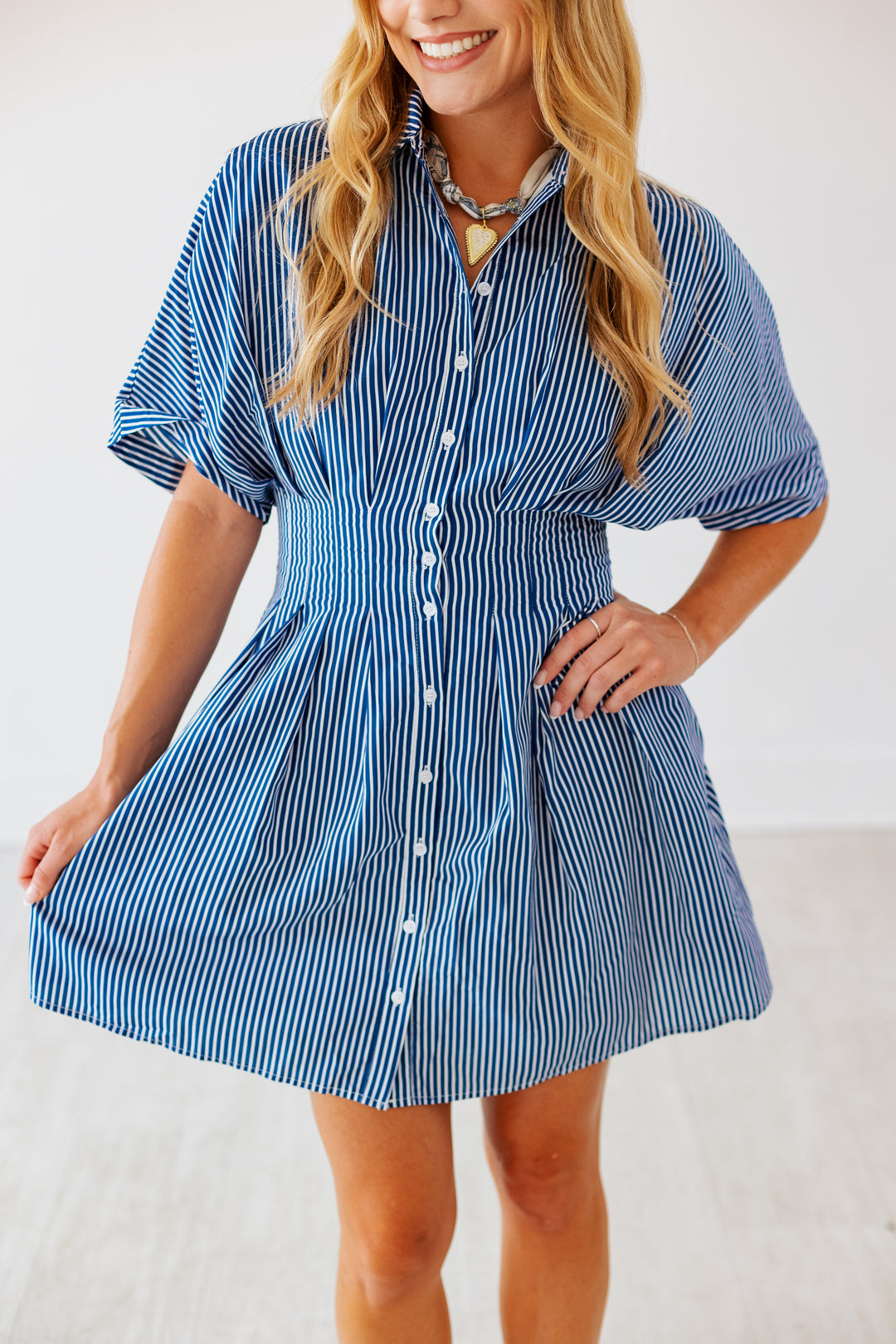 NAVY PLEATED STRIPED MINI DRESS