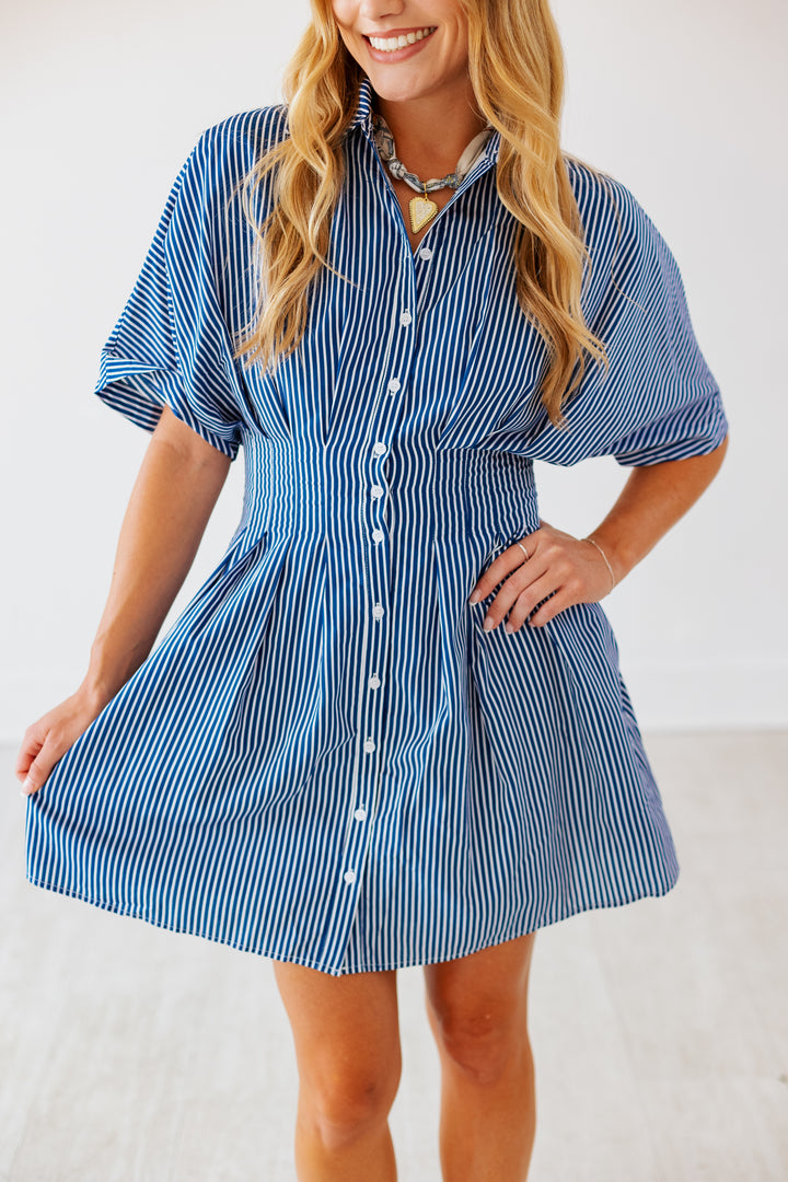NAVY PLEATED STRIPED MINI DRESS