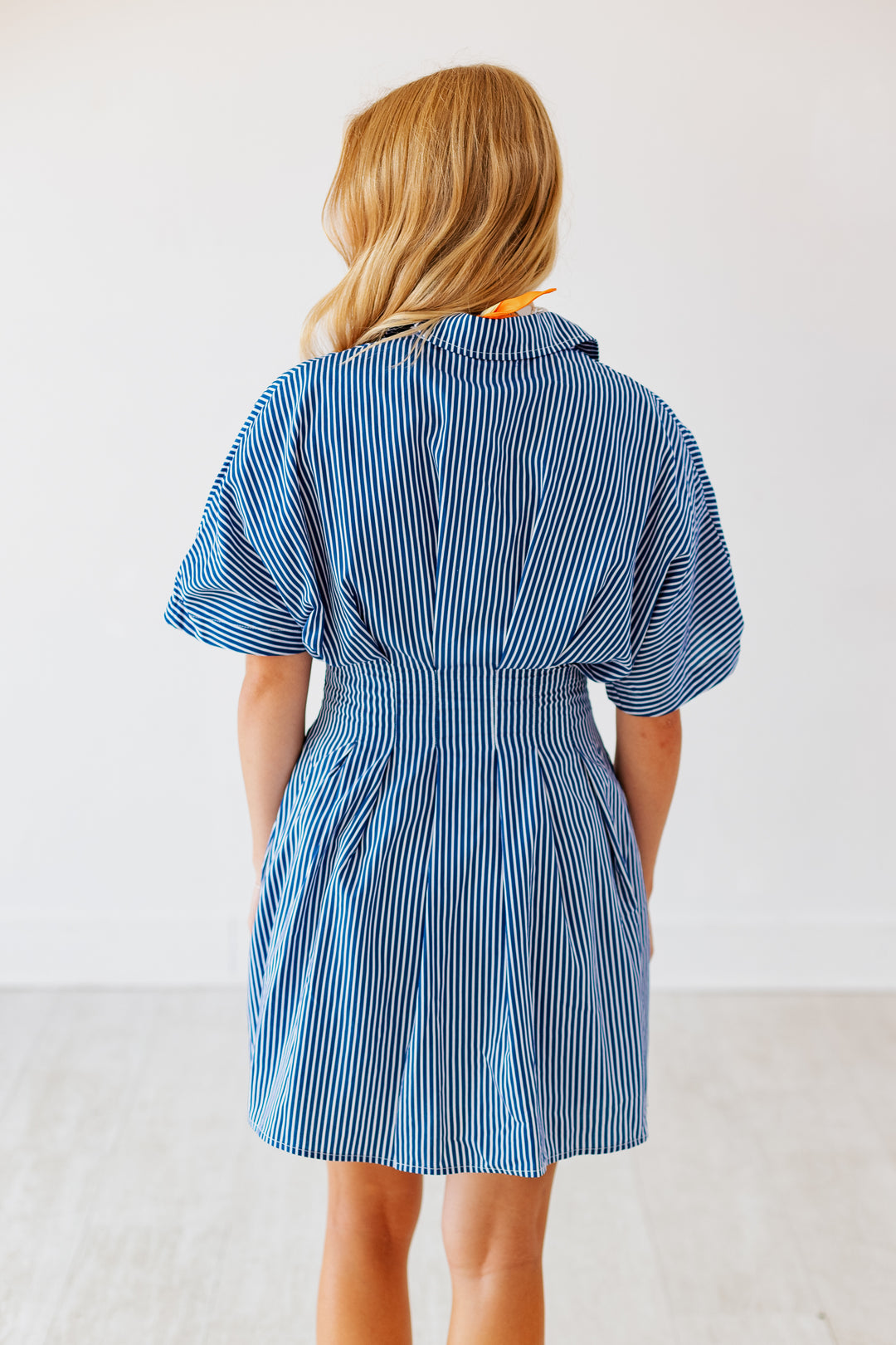NAVY PLEATED STRIPED MINI DRESS
