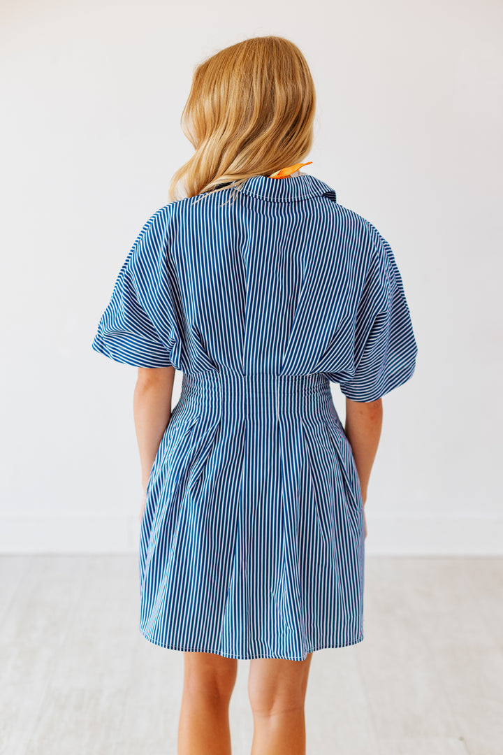 NAVY PLEATED STRIPED MINI DRESS