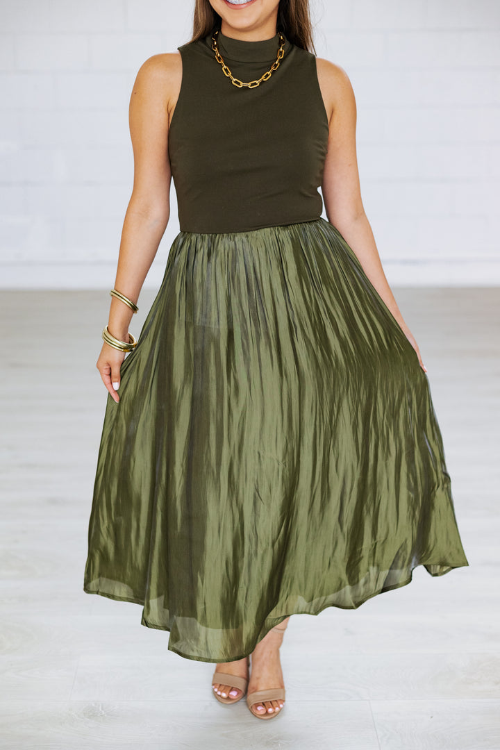 OLIVE CONTRAST TAFFETA MIDI DRESS