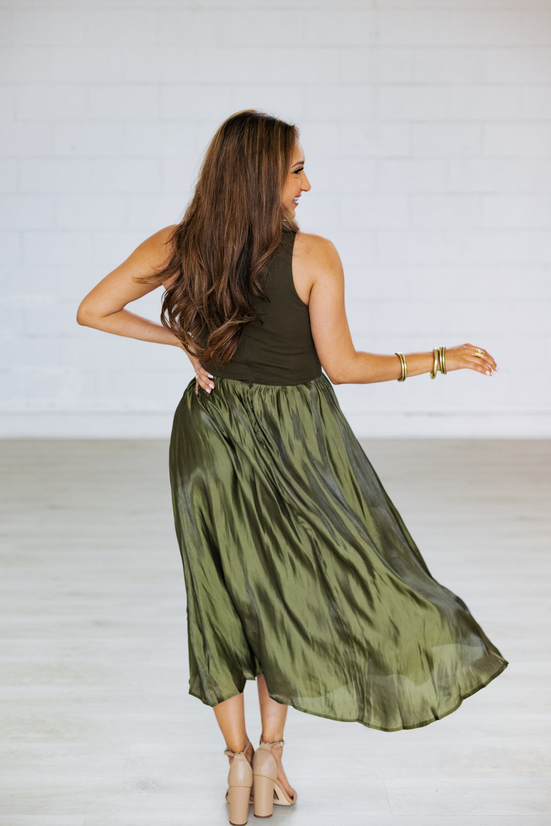 OLIVE CONTRAST TAFFETA MIDI DRESS