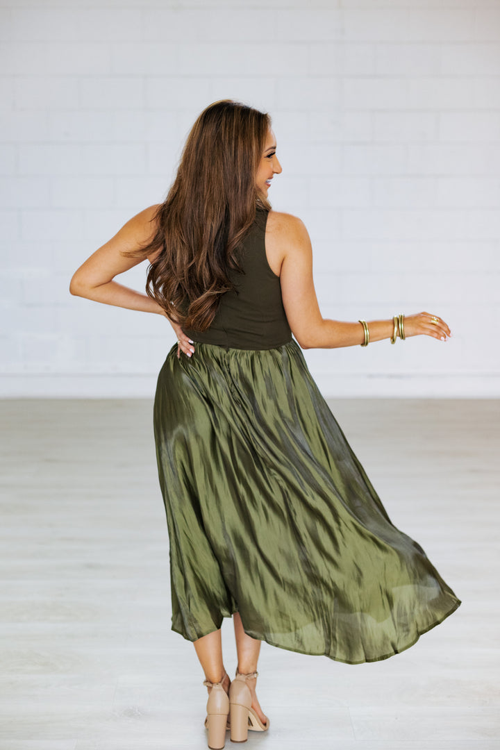 OLIVE CONTRAST TAFFETA MIDI DRESS