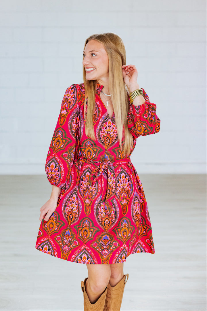 BERRY POPLIN PRINT MINI DRESS