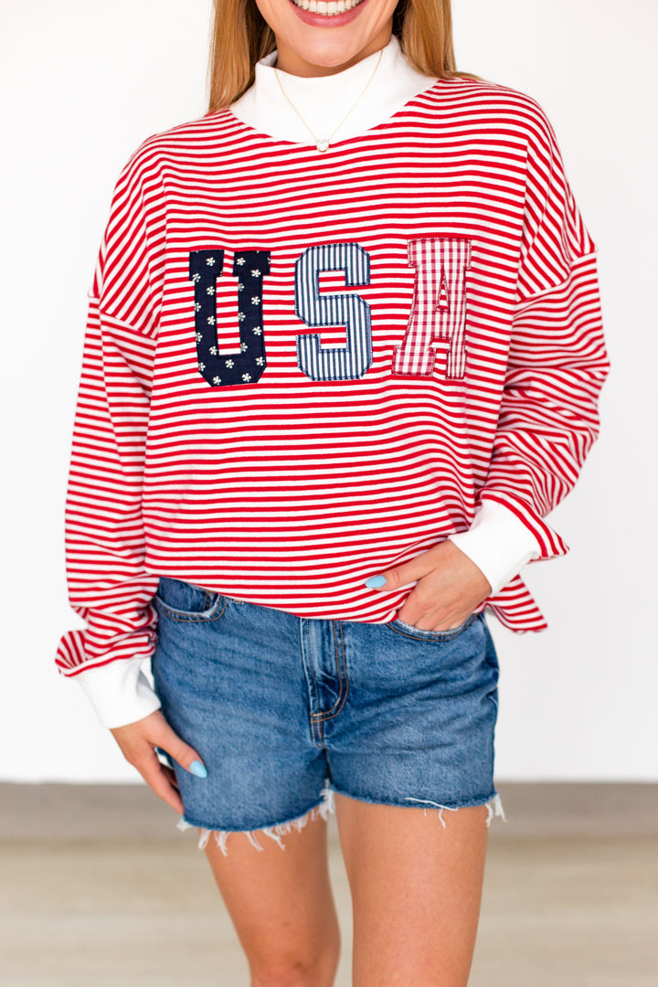 RED STRIPED USA PATCH MOCKNECK SWEATSHIRT