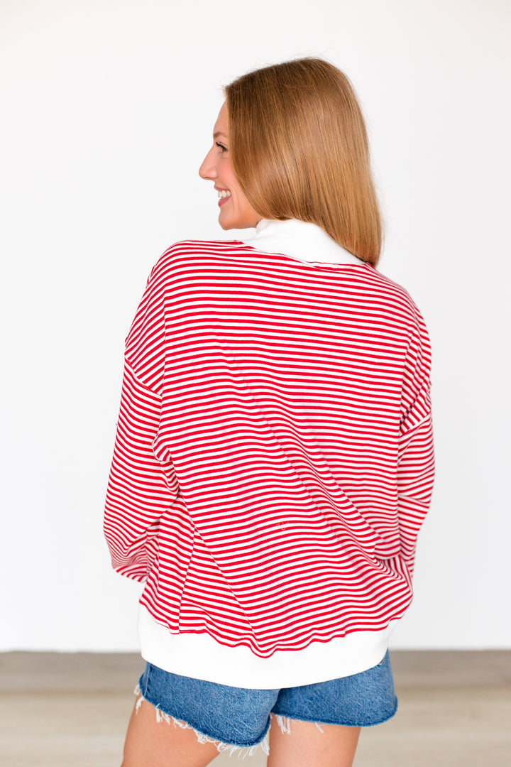 RED STRIPED USA PATCH MOCKNECK SWEATSHIRT