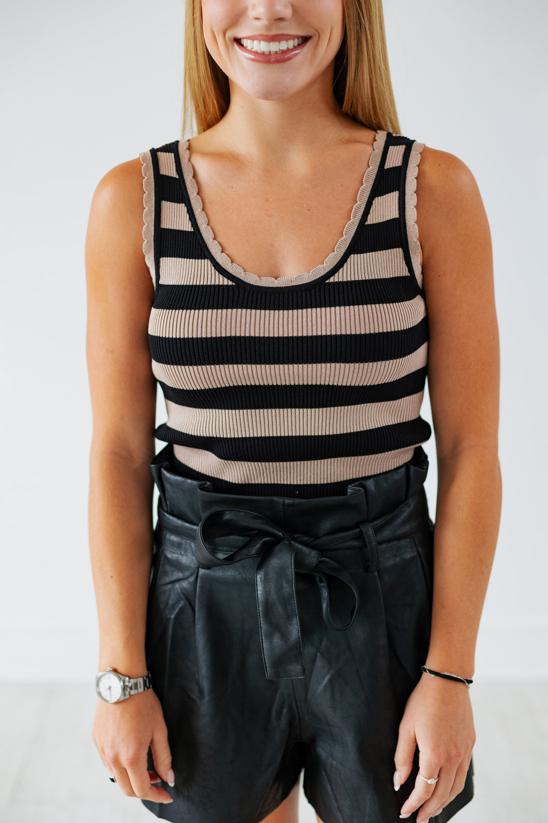 TARA STRIPED SCALLOP TANK TOP