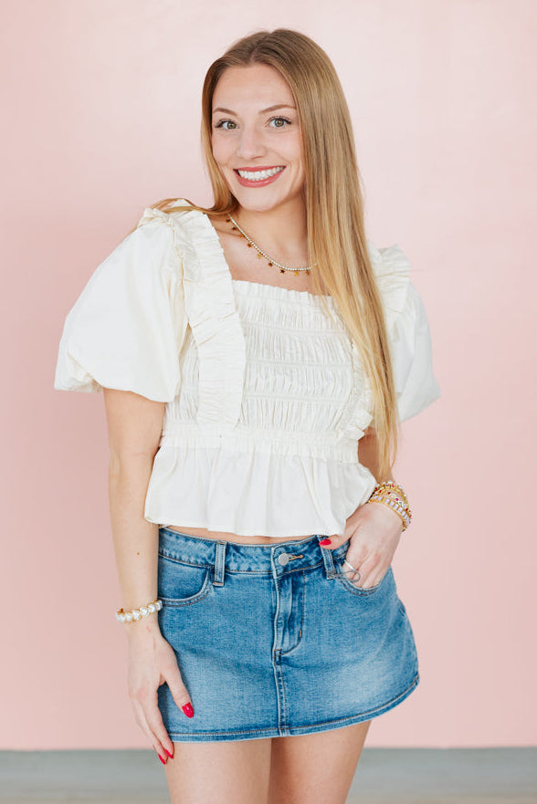 ELLA BUTTERCREAM SMOCKED RUFFLE TOP