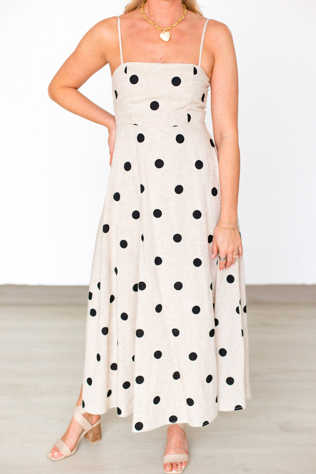 NATURAL POLKA DOT LINEN MAXI DRESS