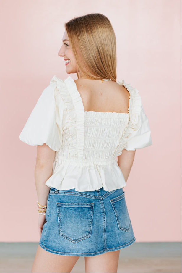 ELLA BUTTERCREAM SMOCKED RUFFLE TOP