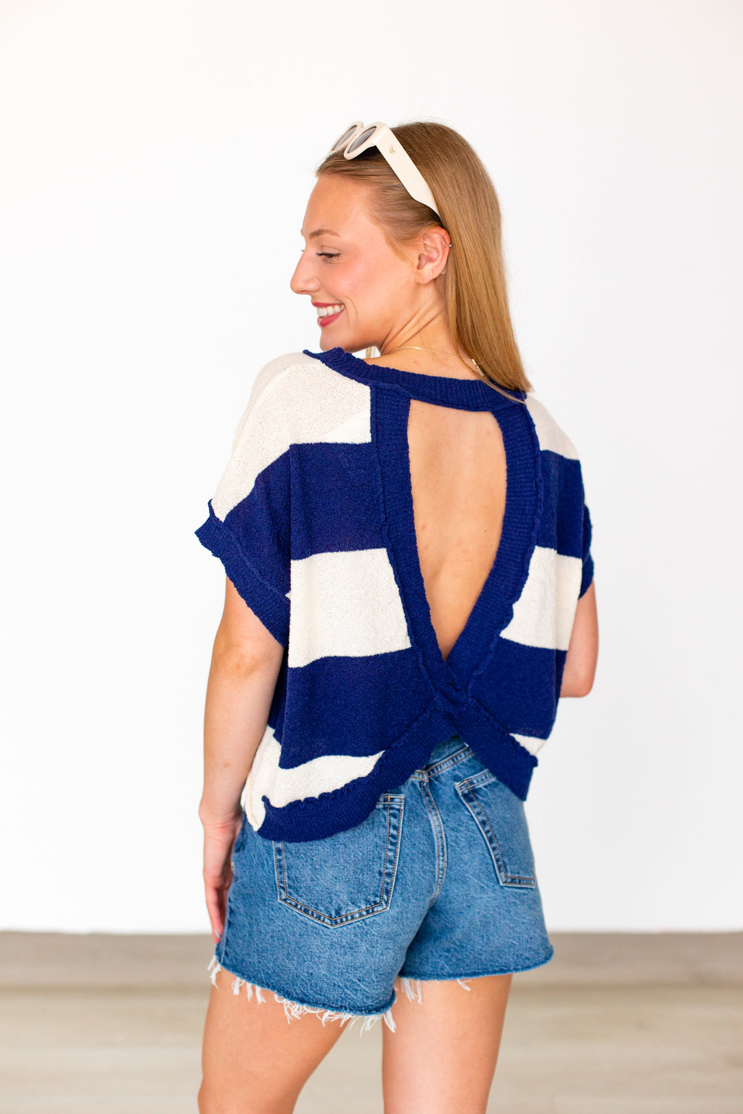 NAVY STRIPED CROSS BACK TOP