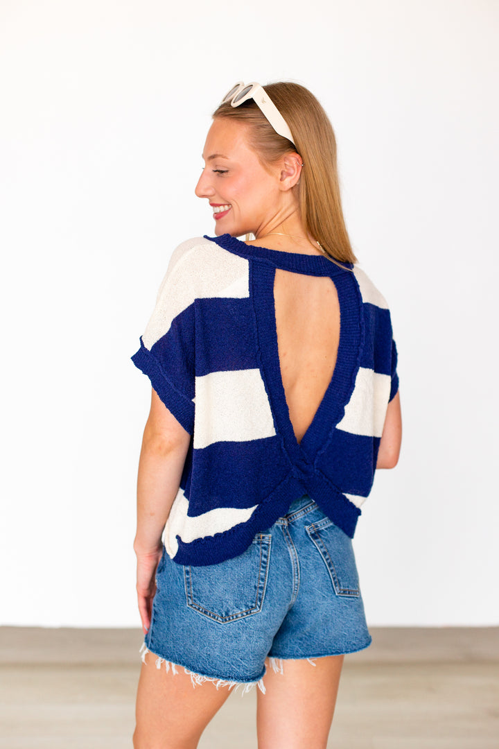NAVY STRIPED CROSS BACK TOP