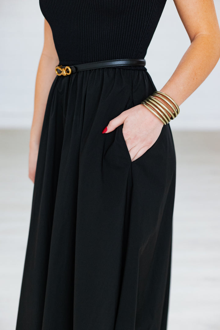 BLACK MIXED MEDIA MIDI DRESS
