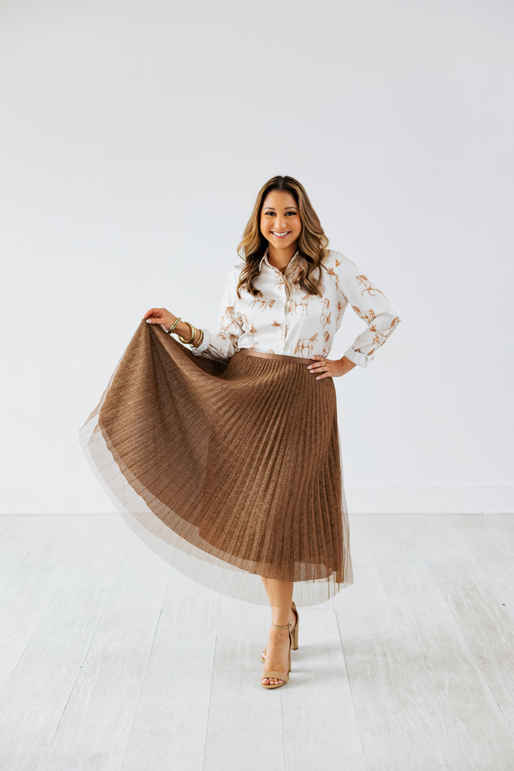 SPARKLE MESH MIDI SKIRT- BROWN