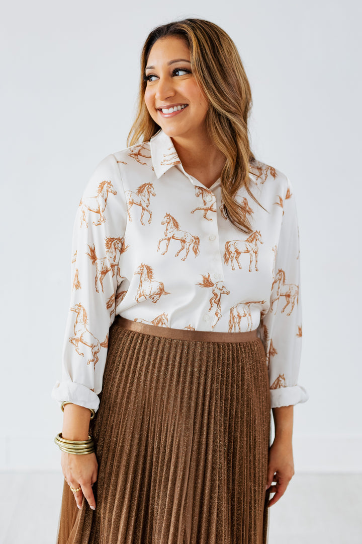 HORSIN' AROUND BUTTON DOWN  BLOUSE