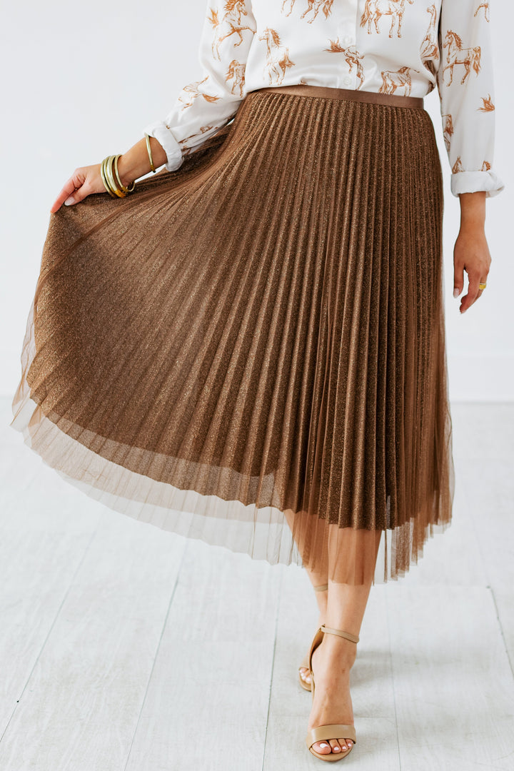SPARKLE MESH MIDI SKIRT- BROWN