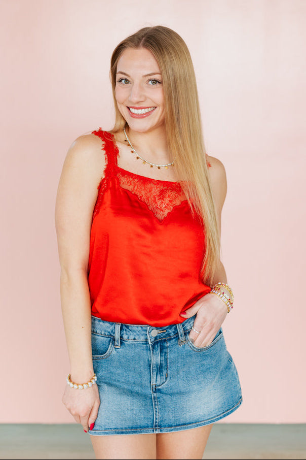 RED SILK LACE CAMI TOP
