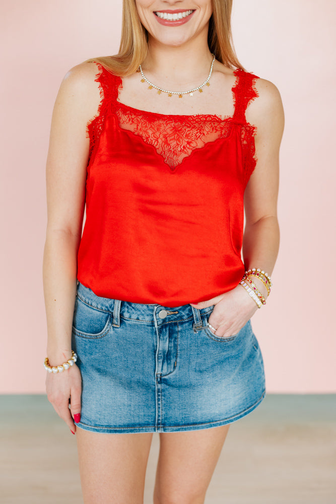 RED SILK LACE CAMI TOP