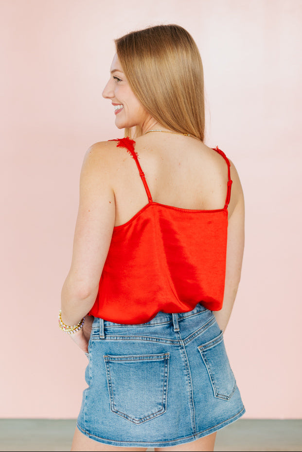 RED SILK LACE CAMI TOP