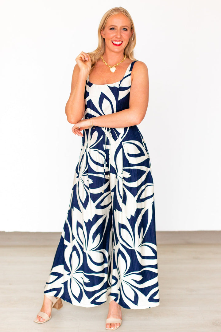 NAVY FLOWY SQUARE NECK JUMPSUIT