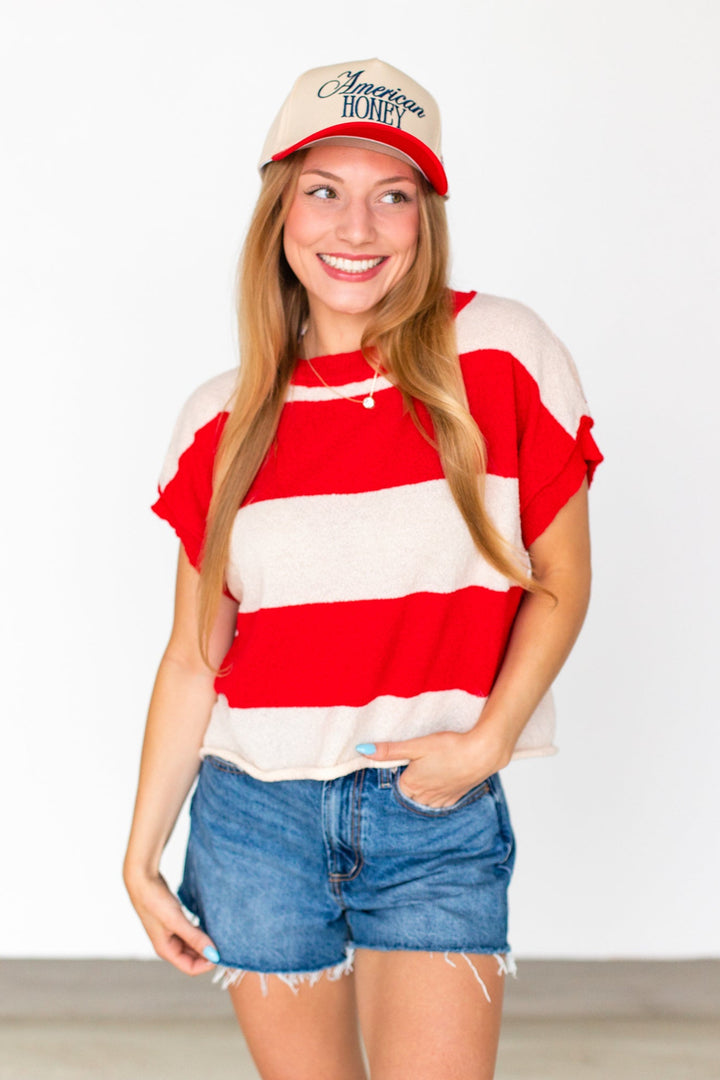 RED STRIPED CROSS BACK TOP