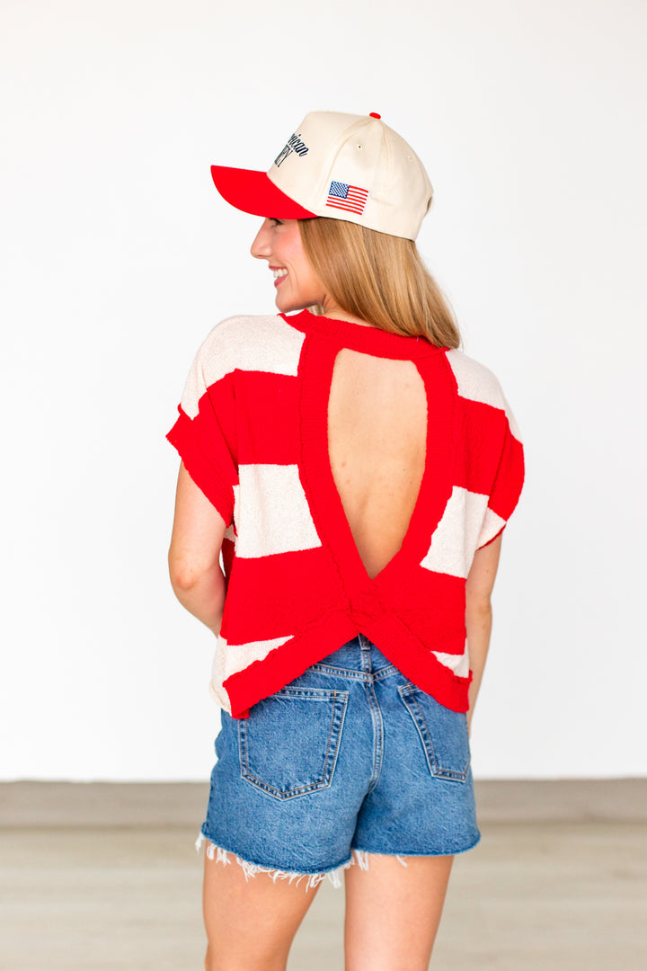 RED STRIPED CROSS BACK TOP