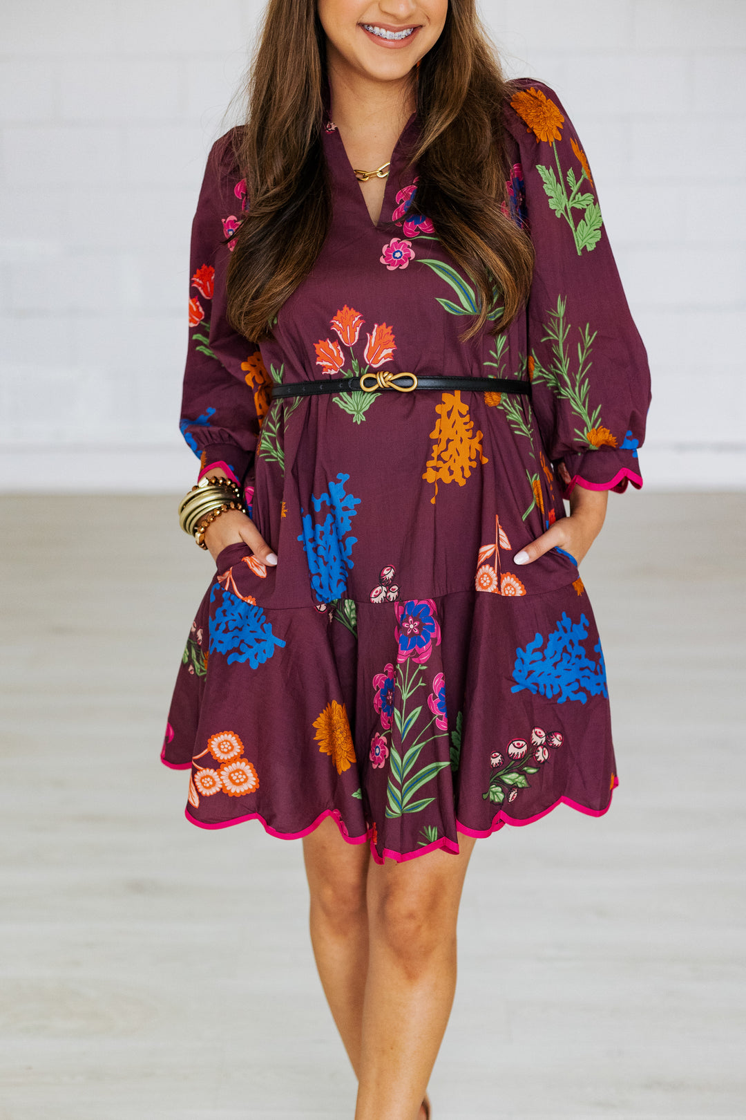 MAROON FLORALS MINI DRESS