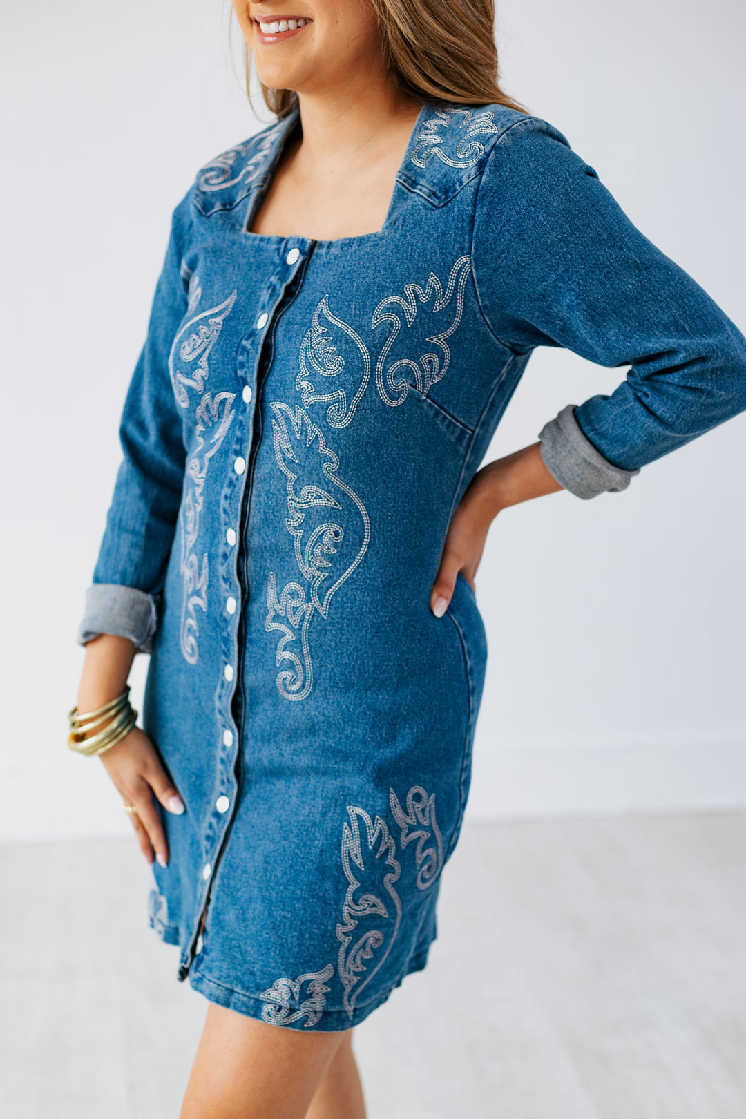 WESTERN CHARM LONGSLEEVE DENIM DRESS