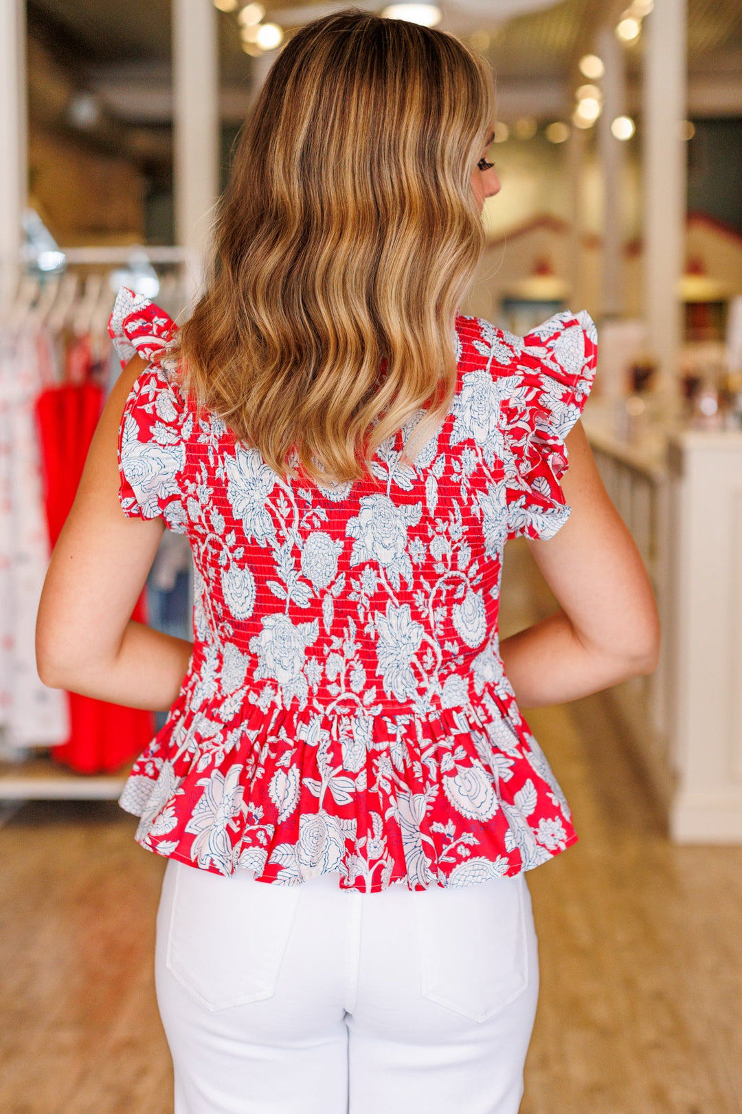 Floral Flutter Smock Top - Red &amp; Blue