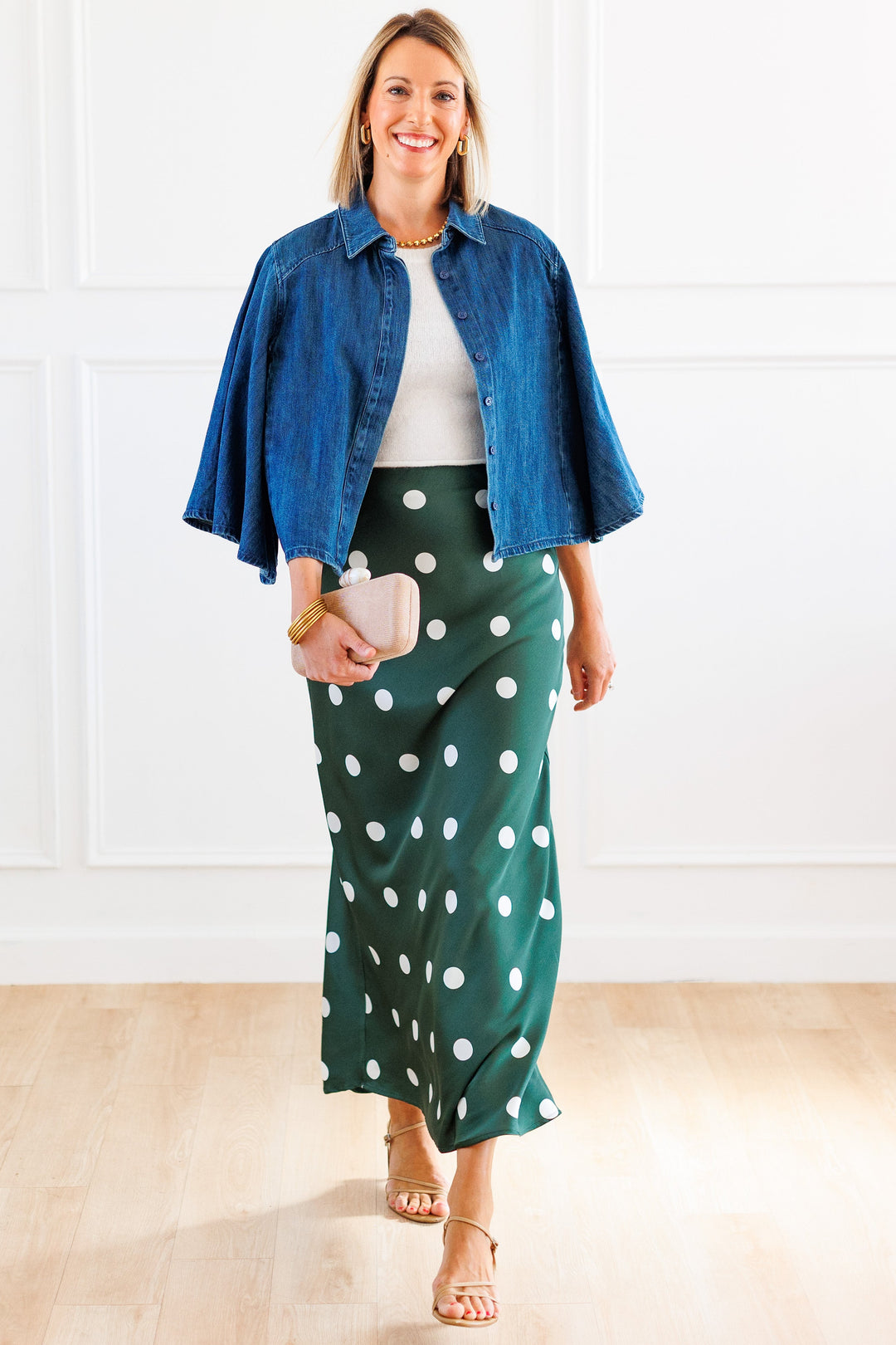 HUNTER GREEN WHITE POLKA DOT MIDI SKIRT FRONT VIEW