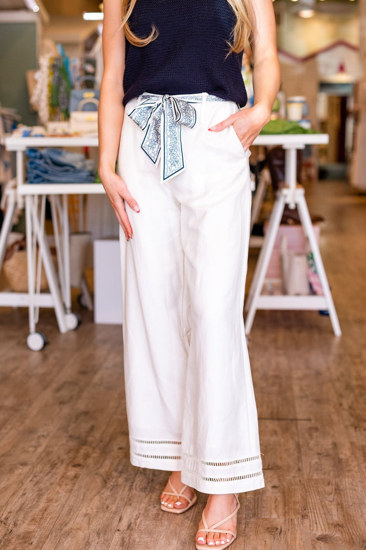 SCARF BELTED LINEN PANT- CREAM WHITE
