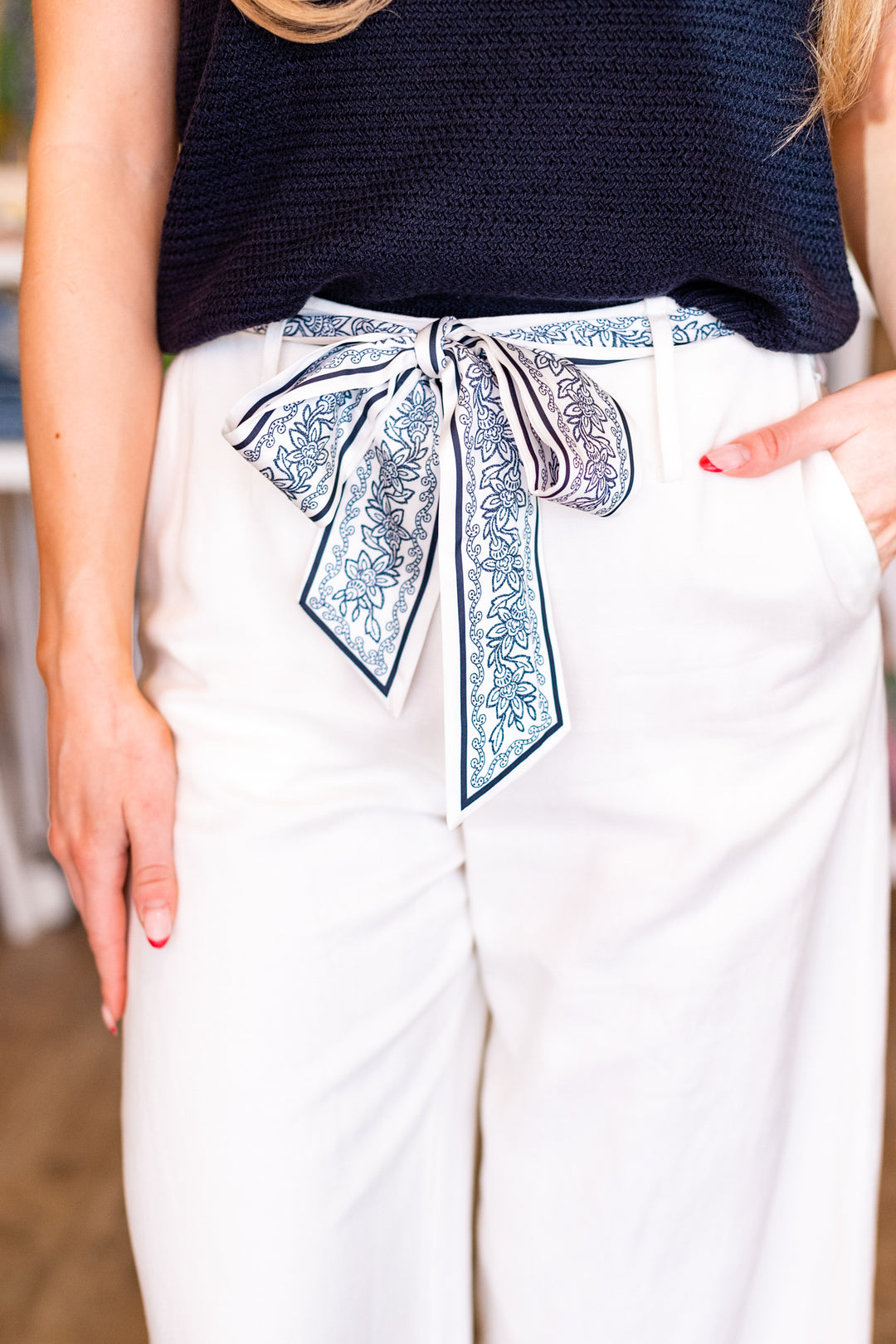 SCARF BELTED LINEN PANT- CREAM WHITE